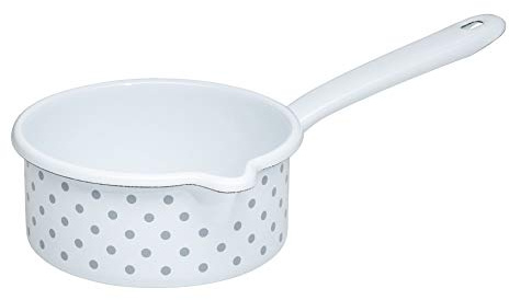 Riess, 0036-066, Stielkasserolle mit großem Ausguss 14 0,75 L, COUNTRY - PÜNKTCHEN GRAU, Durchmesser 14 cm, Höhe 6,7 cm, Inhalt 0,75 Liter, Emaille, weiß mit grauen Pünktchen, Induktion