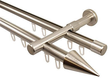 iso-design Innenlauf Gardinenstangen 2-läufig 20 mm Durchmesser Farbe Edelstahl Wandmontage Innenlaufstangen inklusive Gleitern und Endstück Spitze, 280 cm (2 x 140 cm)
