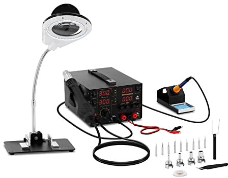 Stamos Soldering - Lötstation S-LS-1-3in1-Funktionsumfang - Löten/Entlöten/Spannungsmessen - inkl. Lötkolben, Heißluftkolben, Ersatzteile