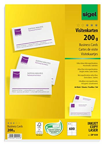 SIGEL DP939 bedruckbare Visitenkarten hochweiß, 600 Stück (60 Blatt), 200 g, 85x55 mm, beidseitig bedruckbar und satiniert