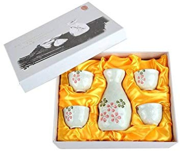 lachineuse - Servizio sake fiori di ciliegio bianco - con 4 ciotole e caraffa - bicchieri da sake giapponesi - confezione regalo da tavola asiatica - servizio sake porcellana Giappone - idea regalo -