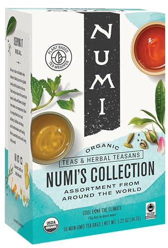 Numi Organic Tea Numi's Collection Variety Pack, 16 Tea Bags, Black, Green, White, Pu-erh, Maté, & Herbal, Packaging May Vary