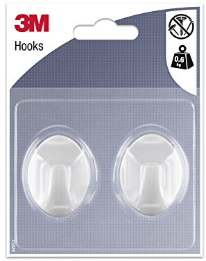 3M Plastique Moyen Crochet Adhésif Blanc Ovale - 2 Crochets