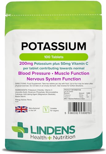 Lindens Kalium 200mg Tabletten | 100 Verpackung | Mit 50 mg Vitamin C pro Tablette. Fördert normale Blutdruckwerte und unterstützt Muskelfunktion und Nervensystem