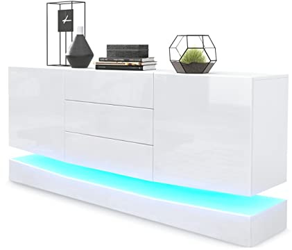 Vladon Sideboard City, Made in Germany, Weiß matt/Weiß Hochglanz inkl. LED - Moderne Kommode für Ihr Wohnbereich (178 x 72 x 38 cm)