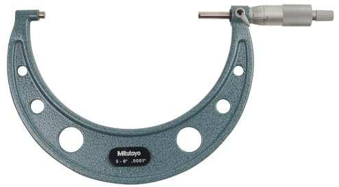 Mitutoyo 103-220 Outside Micrometer, 5-6 Range, 0.0001 Graduation, ±0.00015 Accuracy, Ratchet Stop, Vernier Scale, Satin-Chrome Sleeve, Baked-Enamel Frame, Carbide-Tipped Measuring Faces
