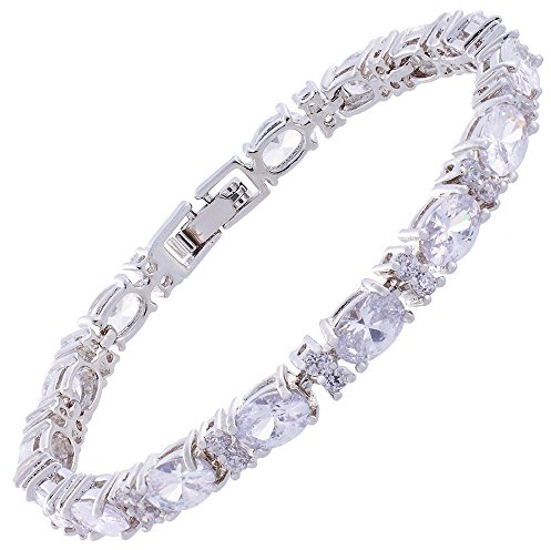RIZILIA Oval Mehrfarbig CZ 18K Weißgold vergoldet Tennisarmband Damen | Bunt Geburtsstein Armband, 7x5mm Ovalschliff Zirkonia, 16,5/18/19 cm, Edelstein Schmuck zum Stapeln & Hochzeit