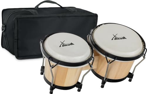 XDrum PERC Bongos Club Natur - 2 Trommeln mit 6 und 7 - Bongotrommeln mit stimmbaren Naturfellen und Stimmschlüssel - Holztrommeln Natur - Set inkl. gepolsterter Bongotasche aus Nylon