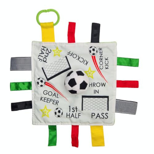 Baby Jack & Co 10x10” Soccer Sports Lovey Sensory Plush Blanket - Tag Toy for Babies - Baby Stroller Toys - Learn Shapes, Letters & Colors - MVP Ball Toy & Sports Gift w/ Stroller Clip World Cup