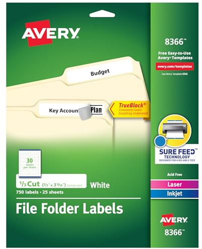 Avery File Folder Labels with TrueBlock Technology, Permanent Adhesive, 2/3 x 3-7/16, Laser/Inkjet, 750 Labels (08366)