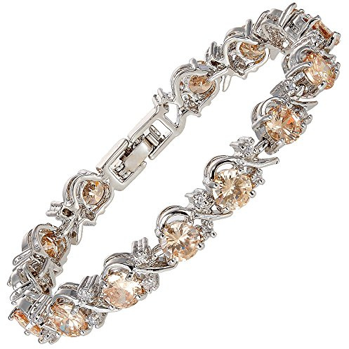RIZILIA BLOSSOM Tennisarmband för Kvinnor - 18K Vitguldpläterad, Rundslipad Flerfärgad Cubic Zirconia, 18 cm, Elegant Födelsedagssten Armband till Bröllop & Presenter (Champagnefärgad Zirkonia | NOV)