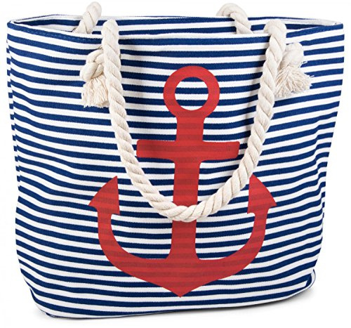 styleBREAKER Strandtasche Anker Streifen Canvas 46x34cm, Blau-Weiß/Rot | Kordelgriffe 60cm. Reißverschlussfach innen. maritim bedruckt. Hauptfach groß. Baumwollhenkel geflochten. 12cm tief.