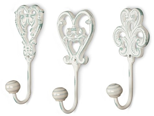 Set da 3 ganci da parete, colore bianco e grigio, ganci appendiabiti in ferro, stile shabby chic., bianco/grigio, Set da 3