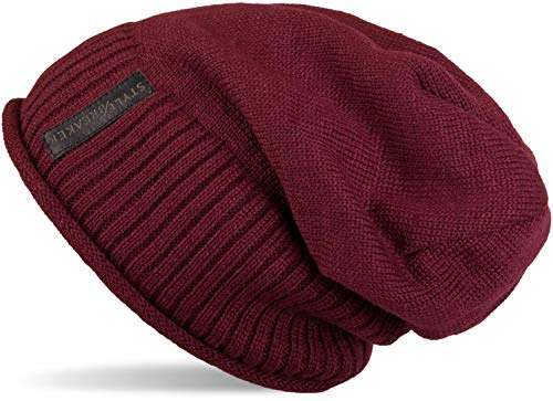 styleBREAKER Unisex beanie mössa med fleece foder och etikett | varm vinter stickad mössa av finstickad | elastisk lång mössa för kvinnor och män, Bordeaux-röd, one size