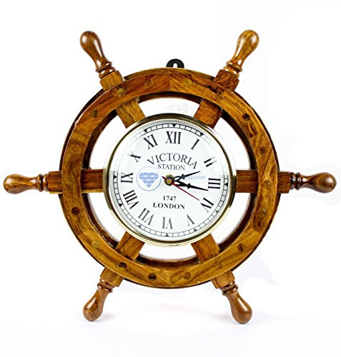 Nagina International Nautical Premium Wooden Wall Decor Clock Ship Wheels | Pirate's Accent | Maritime Decorative Time's Clock (16 Inches)