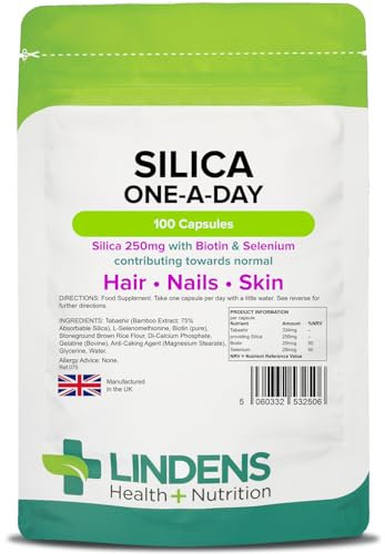 Lindens - Silica 250mg, 100 Capsules - UK Made - Fortified with Biotin & Selenium, Contributes to Healthy Hair, Nails & Skin - Premium Bamboo Extract, Letterbox Friendly