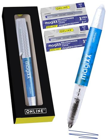 Online magiXX radierbarer Tintenroller Blau mit Tintenpatronen I Rollerball mit 0,7mm Strichstärke I inkl. 7x Patrone blau I radierbarer Stift