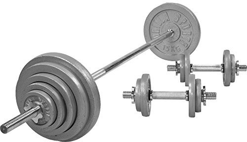 GORILLA SPORTS® Hantelset - 100kg, Langhantelstange 170cm, Gewichte 6x1,25kg 6x2,5kg 2x5kg 2x10kg 2x15kg, 2X Kurzhanteln 30mm, Sternverschlüss/Federverschlüss, Gusseisen - Hantel Set, Kurzhantelset