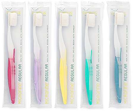 NIMBUS Extra Soft Toothbrushes (Regular Head) Periodontist Design Tapered Bristles for Sensitive Teeth and Receding Gums, Individually Wrapped Plaque Remover Travel Toothbrush (10 Pack, Colors Vary)