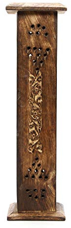 Hosley Hand-Carved Wooden Incense Stick Holder Tower – Tall Decorative Burner Box with Hinged Door for Aromatherapy, Meditation, Yoga, Home & Office Décor (Includes 20 Incense Sticks)