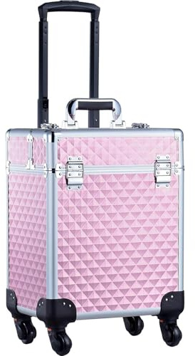 Joligrace Vanity Case for Women Beauty Trolley Case on Wheels Makeup Trolley on Wheels Makeup Box Make Up Organiser with Key Locks Pink