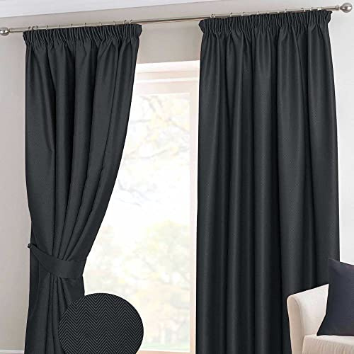 HOMESCAPES Black Pencil Pleat Blackout Thermal Curtain Pair Width 117cm (46) x 182cm (72) Drop Herringbone Chevron Textured Retro Geometric Design. FREE SWATCHES.