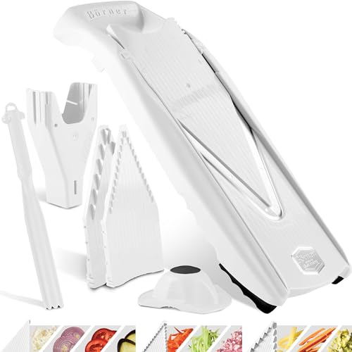 Börner Affettaverdure V5 (Plus Set) • Mandolina Regolabile con Extra Accessori + Pelapatate • Affettaverdure con Lama a V in Acciaio Inox • Per Fette, Strisce, Cubetti • Colore: Bianco