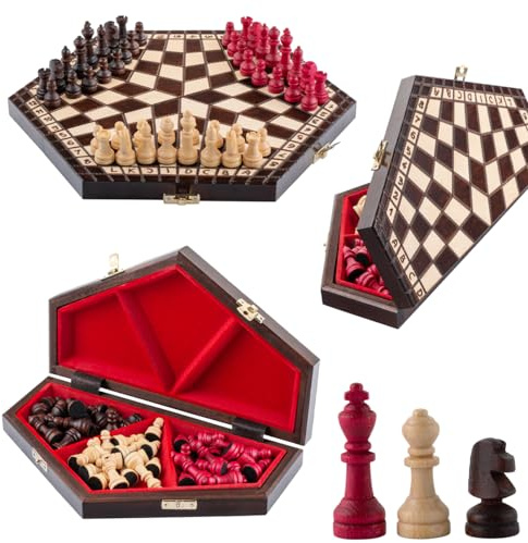 Jeu D echecs en Bois pour Trois | Master of Chess Jeu D'échec en Bois Pliable | Chess Board 33 x 28 cm | Echecs Portable Fait Main | Chess Set pour Enfants et Adultes 3 Personnes