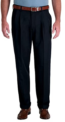 Haggar Mynx Gabardine för herr, klassisk passform, plisseringar fram, dolt expanderbart midjeband, kostymbyxa, Marinblått Xsp, 40W / 34L