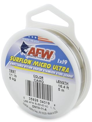 American Fishing Wire Surflon Micro Ultra Nylon Coated 1x19 Stainless Steel Leader Wir, Knottable Fishing Leaders Saltwater & Fly Fishing, 6lb Test - 61lb Test, Bright, Black & Camo Colors