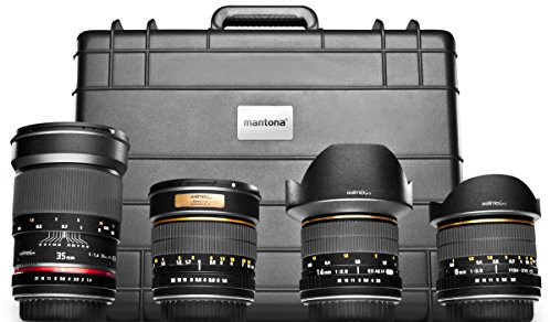Walimex Pro Ensemble d'objectifs All Star pour Nikon AE, Fish-Eye 8 mm, grand angle 14 mm, objectifs 35 mm - 85 mm, avec coffret de protection taille L