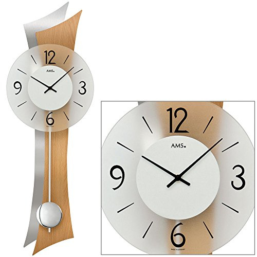 AMS 7425 Wanduhr Quarz mit Pendel Holzrückwand Mineralglas