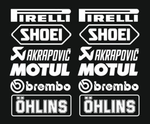 Aufkleber im Set, Nr. 3 (12 Aufkleber, weiß), Pirelli Akrapovic Logo, 16 cm, Tuning-Aufkleber für Auto, Motorrad, Pickup