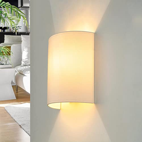 Aplique de interior, tela, blanco, luminaria arriba-abajo, bajo deslumbramiento, E27, aplique de pared, D:9,5 cm, acogedor, luz de escalera de interior, lámpara con pantalla, ALICE