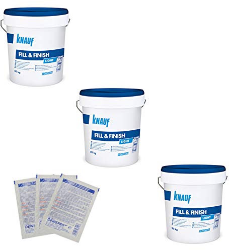 3er Set Knauf Fill & Finish light à 20kg - Allzweckspachtelmasse - im Set inkl. 3 St. DEWEPRO® Single Scrubs …