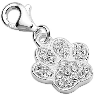 TheCharmWorks Sterling-Silber Pfotenabdruck Charmanhänger mit Cubic Zirkonia Kristallen und Karabiner | Sterling Silver CZ Crystal Encrusted Paw Print Clip on Charm