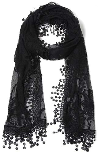 Women's lightweight Feminine Lace teardrop fringe Vintage Mesh Crochet Tassel Scarf for Women