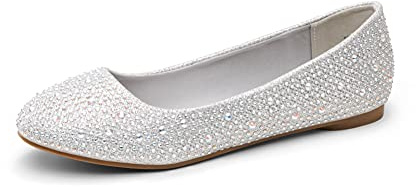 DREAM PAIRS Women's Rhinestone Ballet Flats,Silver,7.5