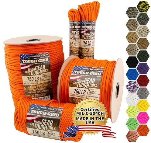 TOUGH-GRID PC50 340kg Paracord - 100% Nylon Militärspezifikationen Typ IV - für Militär, Camping, Kunsthandwerk, Hängematten, Notfälle - Neon Orange