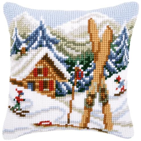 Vervaco Kreuzstich Stickpackungen Kissen Stickerei Set Anfänger Vorgedruckt Herrlich! Winter DIY Set Kreativ Set Für Erwachsene Dekoratives Kissen ca. 40 x 40 cm Bastelset Handwerker Haus Dekoration