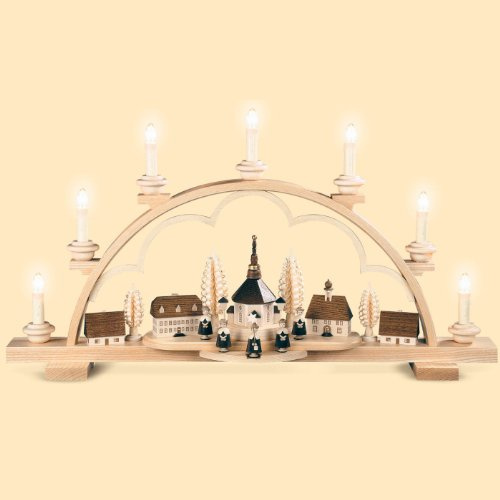 Müller Schwibbogen Seiffener Dorf, Länge 64 cm, Natur, komplett elektrisch beleuchtet (230V, 50Hz Nicht für USA und Japan), original Erzgebirge Seiffen