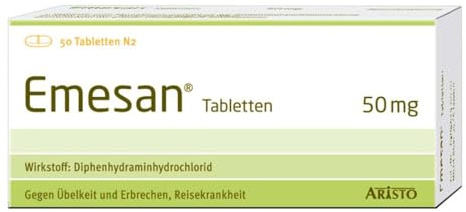 Emesan Tabletten 50mg 50 Stück von Aristo Pharma – zur Vorbeugung und symptomatischen Behandlung von Übelkeit und Erbrechen, insbesondere bei Reisekrankheit - für Erwachsene & Kinder ab 6 Jahren
