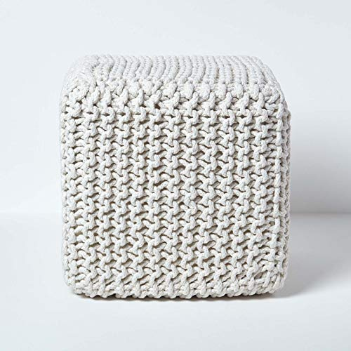 HOMESCAPES Pouf imbottito in 100% cotone lavorato a maglia naturale per soggiorno bambini o anziani
