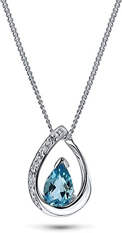 MIORE Halskette Damen 0.01 Ct Diamant Panzerkette mit Anhänger Edelstein/Geburtsstein Topas in Blau und Diamanten Brillanten aus Weißgold 9 Karat / 375 Gold, Halsschmuck 45 cm lang