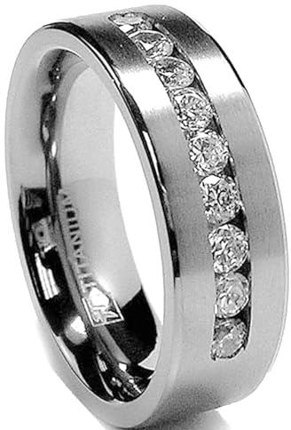 Metal Masters 8MM Men's Titanium 1Ct. Ring Wedding Band with 9 large Channel-Set Cubic Zirconia CZ sizes 6 to 15
