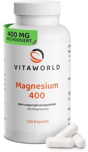 vitaworld Magnesium 400, 400 mg reines Magnesium pro Kapsel, Vegan, 120 Kapseln