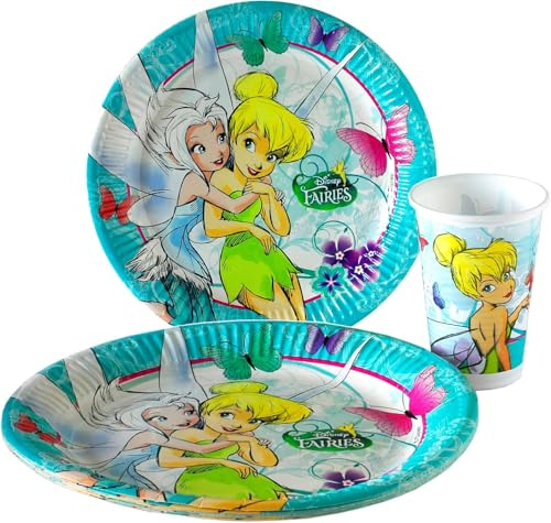Disney Juego de 16 platos de papel (8 x 23 cm + 8 x 20 cm mediano) + 8 vasos para fiesta de cumpleaños temática Fairies (Fatine) Campanilla Pervinca Periwinkle