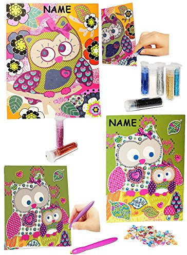 alles-meine.de GmbH Bastelset - 2 Stück Glitzerbilder/Mosaikbilder - lustige Eulen - incl. Name - Glitter zum Kleben & Streuen/Bilder - für Kinder/Mädchen & Jungen - ..