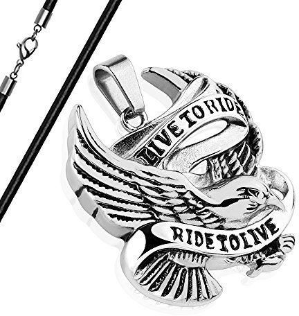 Autiga Anhänger Live to Ride Adler Biker Halskette Lederkette Kugelkette Gothic Herren Damen Silber-mit-lederkette