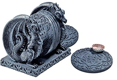 Design Toscano Blackmore drake gotisk dekor, 14 cm, set med hållare och 6 underlägg, polyresin, grå sten